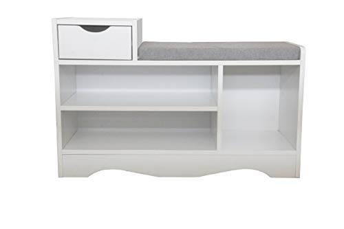 Wonderhome Holzschuhbank Schuhregal Organizer für Flurschränke mit Sitzkissen und Schubladen für Flur und Wohnzimmer (weiß 2) Cover