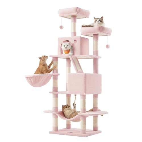 Feandrea Cat Tree 66.1-Inch Large Cat Tower Multi-Level Plush Condo with 13 Scratching Posts 2 Perches 2 Caves Basket Hammock Pompoms Jelly Pink UPCT165P01
