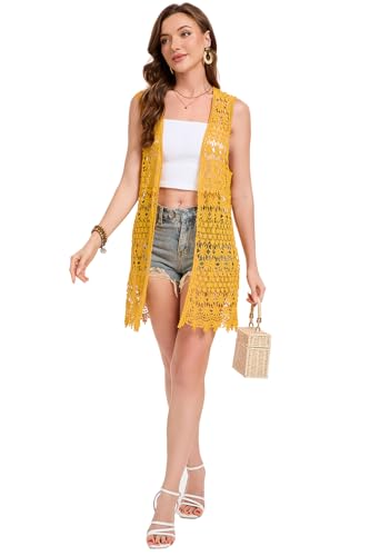 Image of GLEAMISS Women's Crochet Floral Vest Lace Trim Boho Sleeveless Cardigan