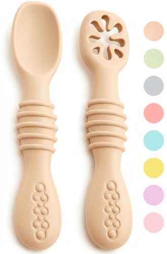 VegMai® PreCucharas Para Bebes. Cucharas BLW De Aprendizaje, Etapa 1, Etapa 2. Recomendada Por Nutricionistas Y Expertos Baby Led Weaning. Cubiertos De Silicona Antibacteriana Y Ergonómicos.(SALMON)