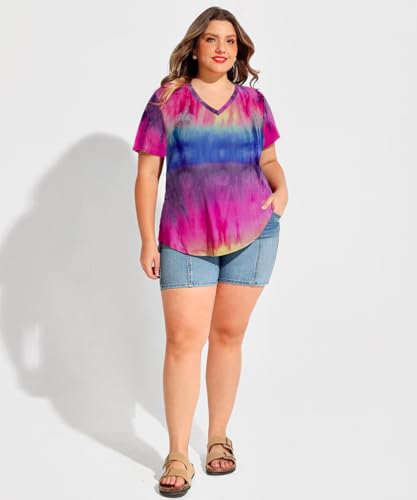 Image of CARCOS Plus Size Tops for Women Short Sleeve Shirts Basic Tee Solid Color Blouse V Neck Tunic Loose Fit Tshirts Summer XL-5XL