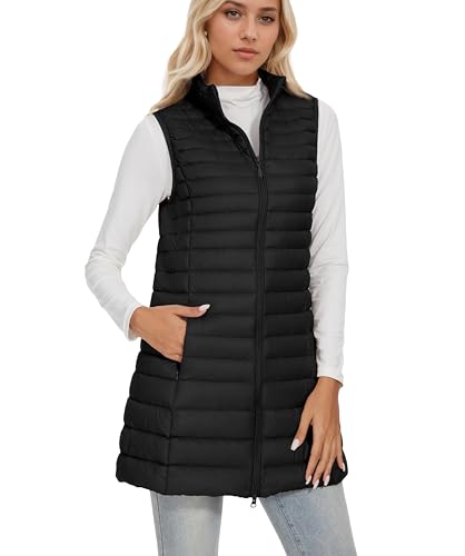 ELFJOY Long Puffer Vest Women Winter Ultra Light Long Down Vest with Stand Collar Black Womens Vests Outerwear