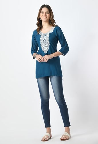 Image of LIBOZA Short Kurti for Women - Lakhnowi Chikankari Embroidered Ladies Kurta, Stylish Girls Top, Ethnic Half Kurtas, Tunic Design Woman Kurtis