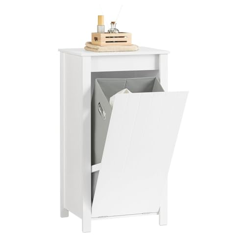 SoBuy Mueble Ropa Sucia baño con Saco abatible – Armario con Asas de Transporte y Almacenamiento – Mueble de baño Resistente a la Humedad para Espacios pequeños, Blanco 45x85,5x35cm BZR100-W