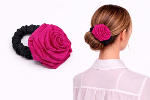 Image of Satin Scrunchies Hair Bands for Women | No-Damage Elastic Hair Ties for Ponytails & Buns | Fluffy & Stylish Rubber Bands | Free Size | Pack of 1 (Pink Rose)