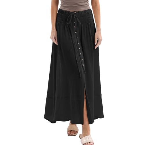 Amazhiyu Women's Summer Beach Crinkle Cotton Gauze Button-Front Slit Maxi Skirt Black, Large