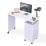 Escritorio de manicura for uñas, estación de trabajo técnica de madera con 4 cajones y reposabrazos, equipo de salón de spa rodante profesional con gran espacio de almacenamiento for la belleza del ho