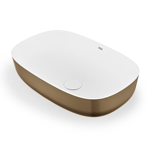 Ruvati 19-inch Matte Gold and White Bathroom Vessel Sink–epiStone Solid Surface Countertop Ceramic Vessel Sink with Pop-up Drain-Elegant Bathroom Sink, Small Sink for Modern Bathroom Sinks–RVB2113GW