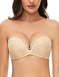 Rasback Tiefer tiefer Push-Up-BH, trägerlos, Spitze, stark gepolstert mit transparenten Trägern, tiefer Schnitt, 1 Körbchen-Bügel-BHs, Beige, 75E