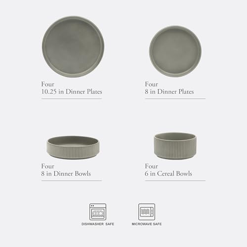 Image of Gibson Elite Deerfield 16-Piece Stoneware Dinnerware Set - Soft Grey Reactive Glaze, Stackable Plates and Bowls, Service for 4 - Microwave & Dishwasher Safe