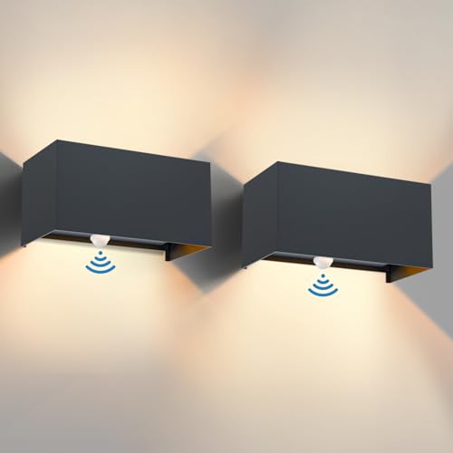 vatato 24W Außenwandleuchte mit Bewegungsmelder, IP65,3000K Warmweiß LED Wandleuchte Außen/Innen Aluminium, Einstellbarer Lichtstrahl außenlampe mit bewegungsmelder für Flur/Weg (Dunkelgrau 2 Stück)