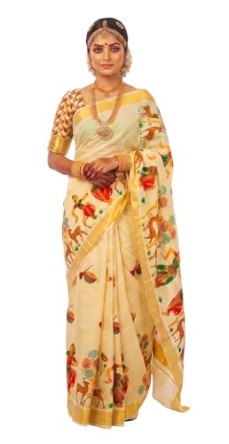 Image of Women's Mural Printed Kerala Gold Tissue Saree with Running Blouse Piece | Traditional South Indian Ethnic Saree for Festivals, Weddings & Special Occasions