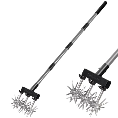Walensee Rotary Cultivator Garden Tool – Adjustable Hand Tiller for Gardening & Lawn Care with Rustproof Aluminum Blades, Telescopic Handle, Lightweight Nylon Base – Soil Aerator & Grass Reseeder
