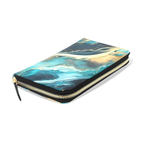 Long Wallets Leather Bifold Wallet for Women Blue Marble Gold with Zipper Credit Card Holder Large Capacity3