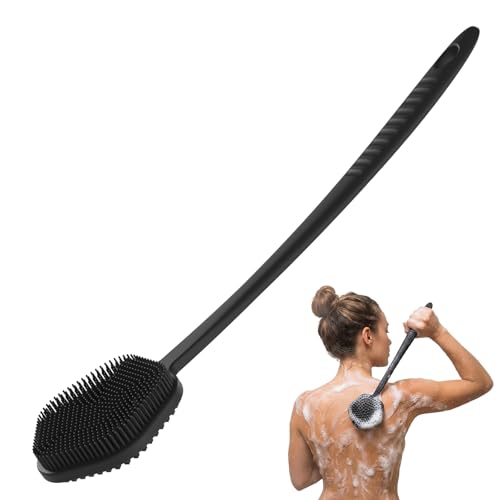 Redfly Silicone Back Scrubber for Shower Brush, 17 inch Long Handled Silicone Body Scrubber for Men & Women, Double Sided Shower Scrubber for Body Brush Exfoliator and Massage, Black