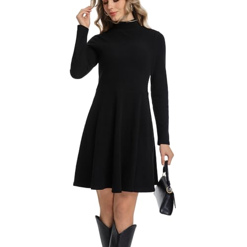 Chongbaijia Long Sleeve Dress for Women Turtleneck Ribbed Knit A-Line Flowy Casual Elegant Fall Winter Fashion Short Dresses Black