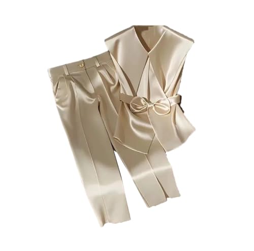 Alloaone Women's Beige Satin Two Piece Set - Elegant Sleeveless Vest and High Waist Wide Leg Pants for Effortless Summer Style