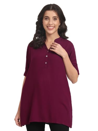 Image of Women's Roll-Up Sleeve Tunic Top, V-Neck with Button Front, Side Pockets, Rayon Short Kurti