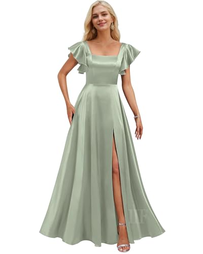 Image of IIF Short Sleeve Bridesmaid Dresses with Pockets Square Neck A-Line Satin Prom Gown Dress for Women with Slit IIF134