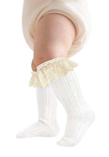 Image of Zando Baby Girls Knee High Socks with Ruffles, Soft Cotton Long Tube Ruffle Socks for Preemie Infant Newborn Toddler 0-4T