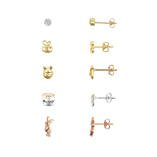 Disney Winnie the Pooh Tri-Tone CZ Hunny 5-Piece Stud Earrings Set for Women Silver Plated Cute Character Jewelry Gift