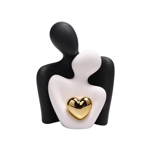 Qaixwuyi Sculpture Romantique de Couple avec Un Cœur Doré Figurine Décorative Céramique Style Moderne Noir Blanc Statue pour Salon Cadeau Mariage...