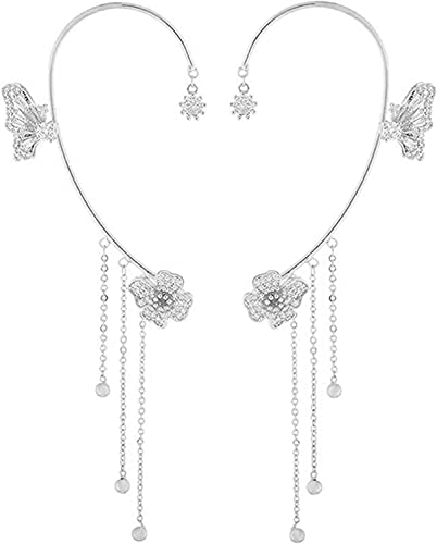 MONEYN Pendientes de circón Estilo Borla de Mariposa, Pendientes de Borla de Flores de Mariposa, circón Largo Brillante sin Piercing Pendiente de Envoltura de Mariposa (D'argento,1 paire) Cover