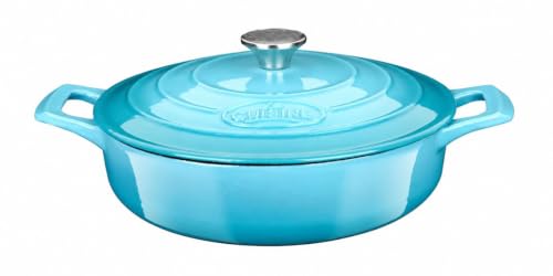 Image of La Cuisine Enameled Cast Iron Braiser Saute Pan Shallow Dutch Oven with Lid Internal Matt Black Enamel Coating 3.75 QT 11 inch / 28cm O, Oven-Safe 550F /276C, For GlassTop, Teal