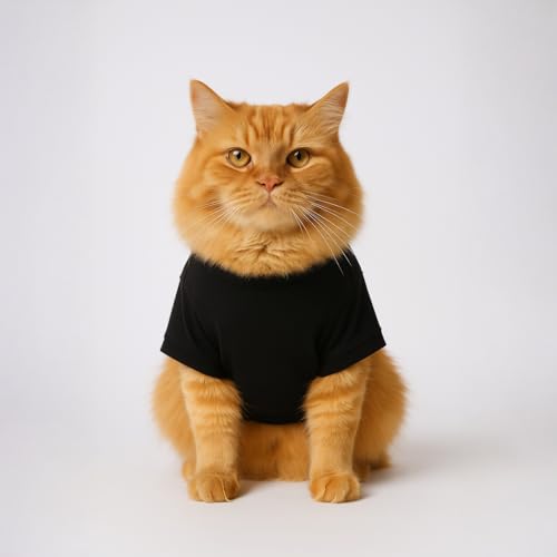 Image of Thunder Tails Printed Cat T-Shirt for Small to Large Cats & Kittens | Lightweight Breathable Cotton Pet Apparel | Cute & Stylish, Comfortable Round Neck Cat Clothes (S, Black)