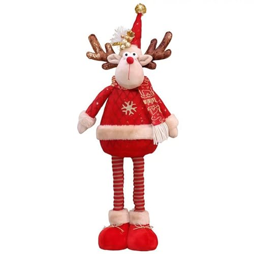 Weihnachts-Elch Dekofigur mit ausziehbaren Teleskop-Beinen Stofffigur mit Fell, Schal & Mütze stehende Weihnachtsdeko für Treppe Wohnzimmer Eingang Geschenk