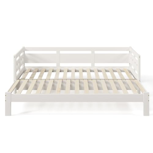 LUNEX HOME Lit gigogne 90 x 200/190 cm en pin Massif avec Couchage et sommier à roulettes, Blanc (90 x 190cm)
