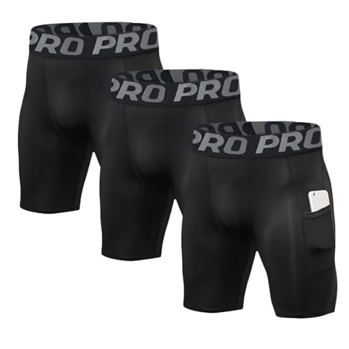 LANBAOSI Mens Compression Shorts with Phone Pocket Running Gym Yoga Athletic Tights Baselayer Summer Cool Dry Underwear Pack