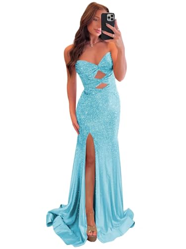 Bolodoo Sequin Long Prom Dress with Slit for Women Sparkly Strapless Mermaid Evening Gowns Blue Size 6
