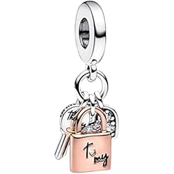 Pulsera Pandora Con Candado Amuefer Llave Candado Corazón Charms para Pandora Pulseras y Collares, Colgante de Plata de Ley con Circonita Cúbica, Navidad Joyería Regalos para Mujeres Niñas