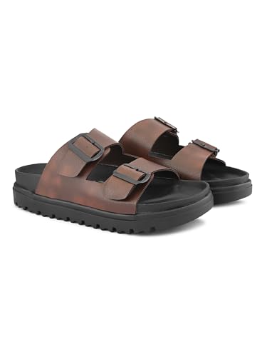 Image of STANPHORD Men Double Buckle Slider Sandals | Faux Leather Fashion Chappal | EVA Non-Slip Cushioned Sole | Casual Summer Daily Indoor Outdoor Wear (TPAI 14102)
