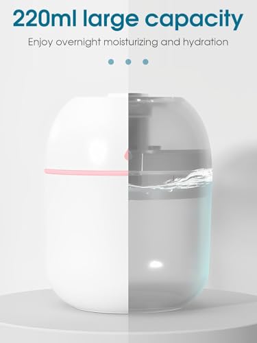 Image of Mini Water Humidifier, Rexez 220 ml Small Portable USB Powered Cooler Mist Air Desktop Diffuser with Soft Night Light for Car Bedroom Office (White)