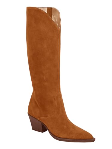Image of Coutgo Womens Wide Calf Cowboy Boots Suede Knee High Chunky Heel Pointed Toe Western Cowgirl Boots