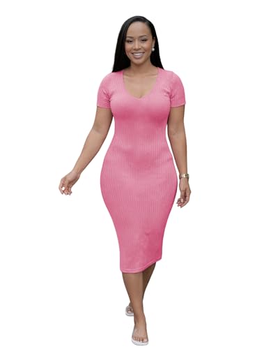 Image of TOPSRANI Women Sexy Midi Dress Bodycon Casual Sleeveless Basic Ruched Tank Summer Club Party Dresses