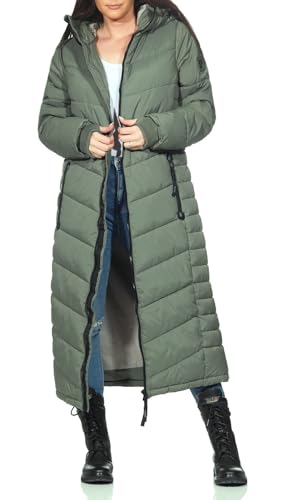 Sublevel Damen Steppmantel extralang LSL-491 gesteppter Wintermantel mit Kapuze Dusty Olive M