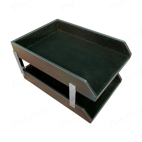 DACASSO Classic Black Leather Double Legal Letter Tray Stacking Set w/Silver Posts - Luxury Executive Decor and Office Essential - Desk Surface Protector