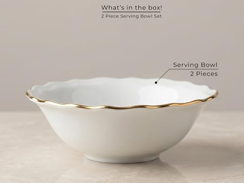 Image of Bodhi House 2-Piece Gold Rim Porcelain Serving Bowl Set | Lightweight, Chip Resistant, | Dishwasher Safe | Elegant Tableware for Home Dining, Parties, Serving & Gifting Use | White