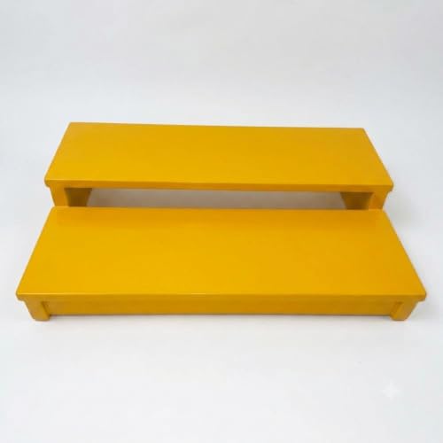 Image of Mustard Yellow Wooden Puja Chowki, Multi-Tier Mandir Stand, Idol Pedestal, Compact Worship Pedestal for Home Temple (40x25x8 cm) - Perfect for Multiple Idols, Diya, and Pooja Accessories