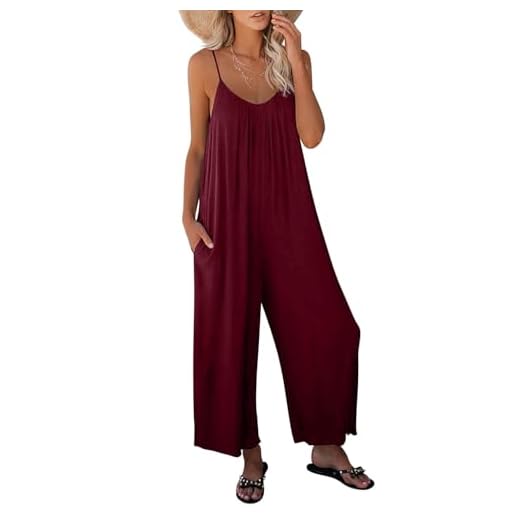 Dokotoo Women's Loose Plus Size Red Jumpsuits for Women Adjustable Spaghetti Strap Stretchy Wide Leg Solid One Piece Sleeveless Long Pant Romper Jumpsuit with Pockets Large