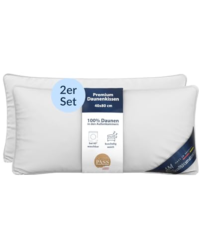 DormiGood Daunenkissen 40x80 - Made in Germany 3 Kammer Kopfkissen 40x80cm - Außenkammer aus 100% Daune - Federkissen 40 x 80 Allergiker geeignet - Kopfkissen 40x80 Federn und Daunen Füllung 2er Set