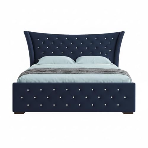 Image of Luxury King Size Upholstered Storage Bed with Diamond Tufted Padded Headboard | Premium Velvet Fabric Platform Bed Frame | Solid Wood Structure | Modern Bedroom Furniture | Navy Blue