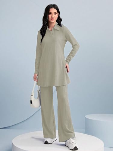 Tadkee Women's Polyester Solid Color Two-Piece Set | Long Sleeve Top & Wide Leg Pants Co-Ord Set | Casual Wear Co Ord Set (Fn-Full-Sleeve-Cord-125-Cream-L)