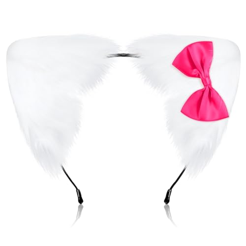 Canlierr Women Kitty Cat Ears Headband 8 x 7 In Cat Bow Ears Kitty Bow Headband for Halloween Cosplay Birthday Party Costume(Rose Red Cute)