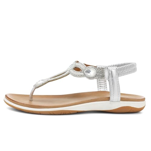 Image of UBFEN Womens Flat Sandals with Arch Support - T-Strap Thong Sandals with Elastic Back Strap, Comfortable for Walking, Bling, Rhinestone, Dressy