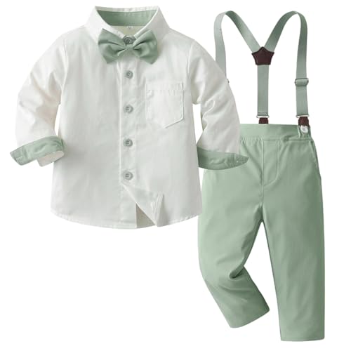 Yaopelky Formelles Anzug-Set für Kleinkinder, Jungen, Gentleman-Outfits, langärmelig, mit Fliege, Strapshose, Jungen-Hochzeitskleid, grün, 3-4 Years