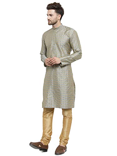 Image of SOJANYA (Since 1958 Men's Silk Blend Grey Checked Kurta & Gold Churidar Pyjama Set Size 38